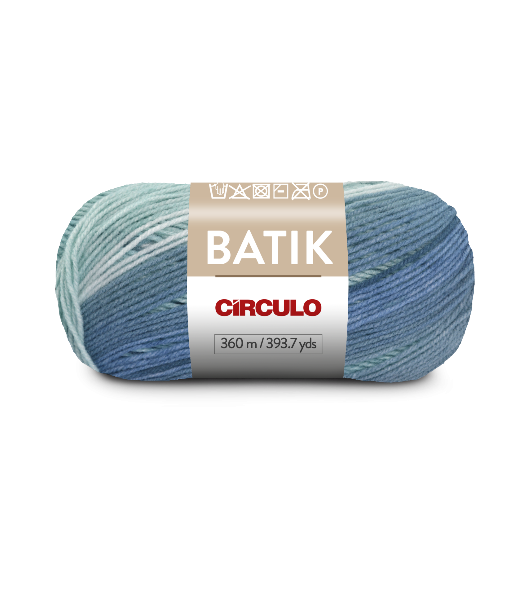 Novelo de lã azul e verde com etiqueta branca da Círculo Batik