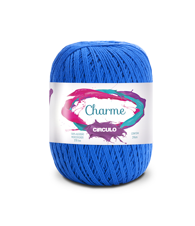 Novelo azul de fio de algodão com etiqueta colorida e texto da marca Círculo