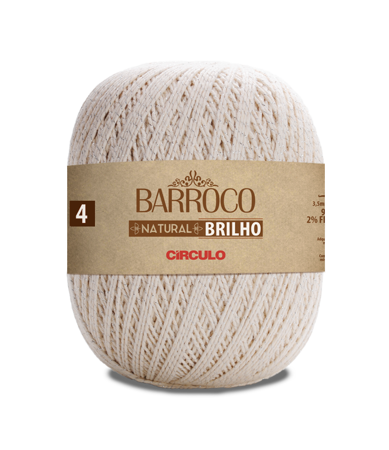 Novelo de fio branco com rótulo 'BARROCO NATURAL BRILHO CÍRCULO'