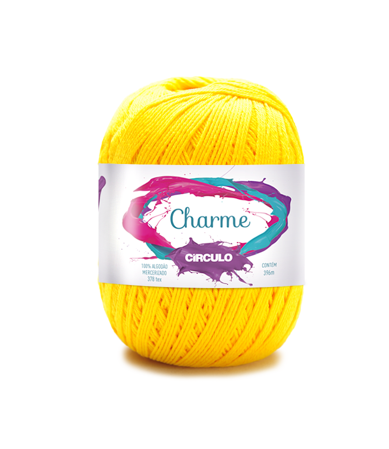 Novelo de fio amarelo com etiqueta da marca Charme CIRCULO