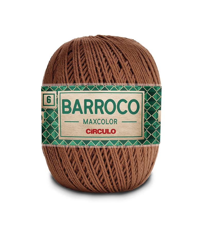 Novelo de fio castanho com rótulo verde e creme com texto '6 BARROCO MAXCOLOR CÍRCULO'