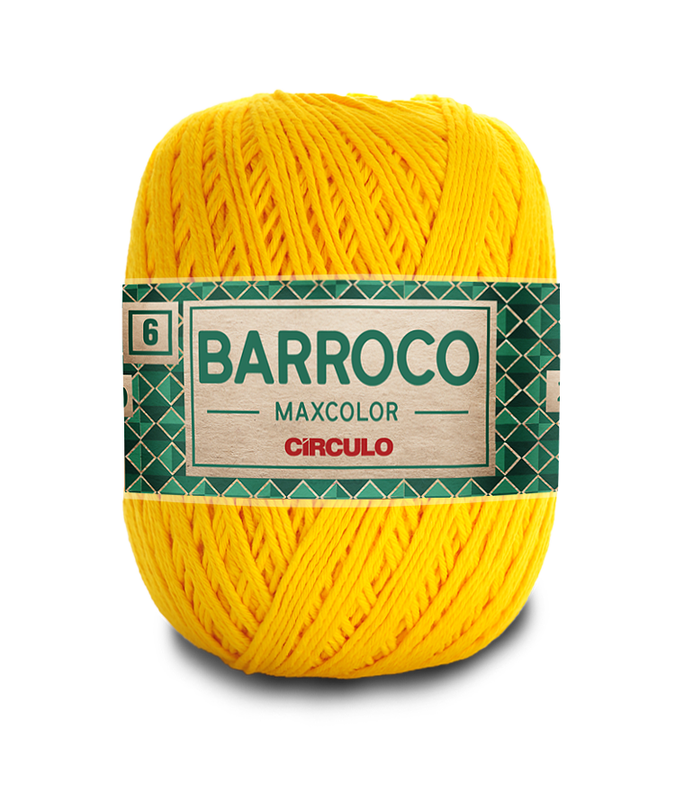 Novelo de fio amarelo com rótulo verde e branco 'BARROCO MAXCOLOR CIRCULO'.