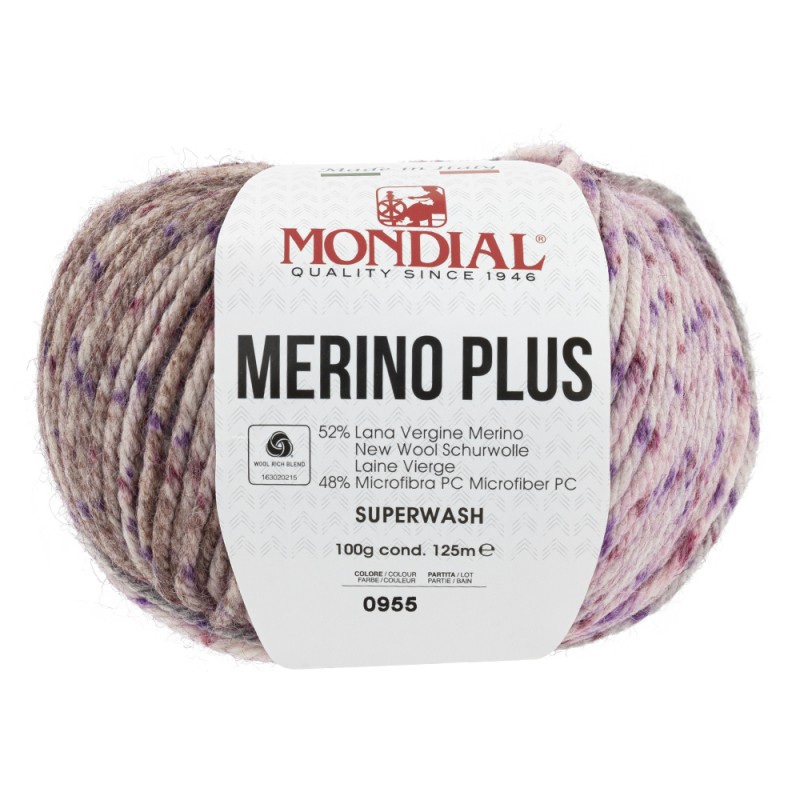 Novelo de lã Merino Plus com mistura cinza e lilás e etiqueta branca da marca Mondial