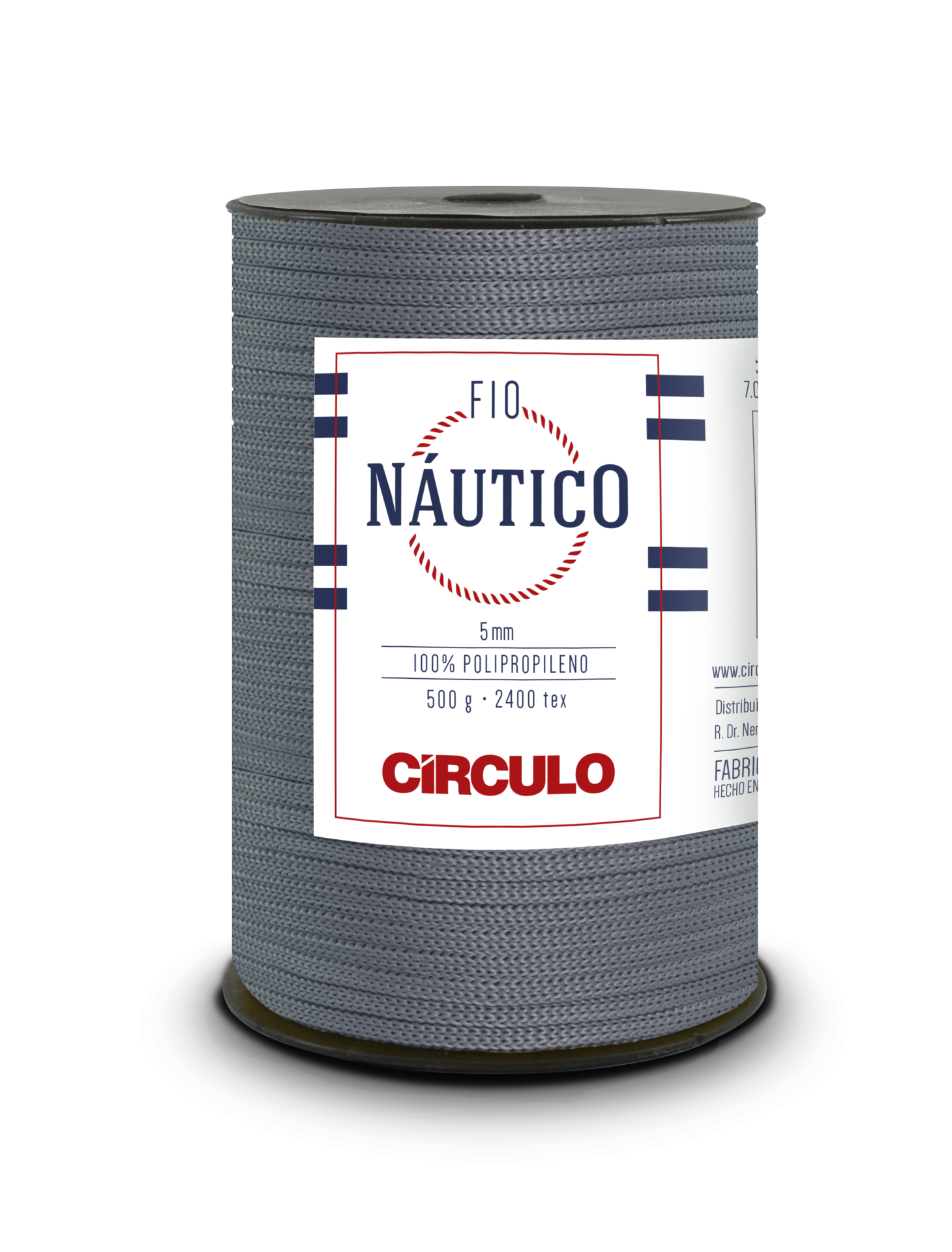 Carretel de fio náutico cinzento com etiqueta informativa