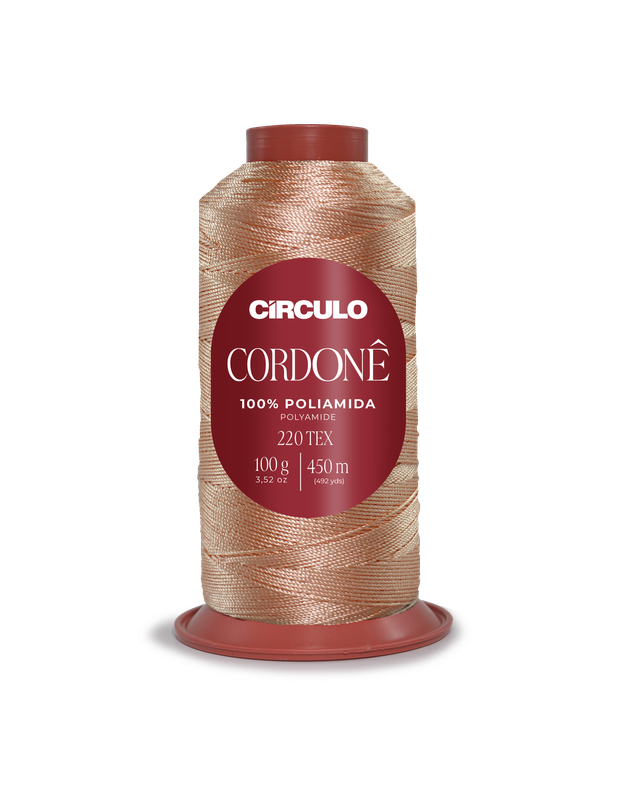 Cone de linha dourada Círculo Cordonê em base vermelha com etiqueta vermelha