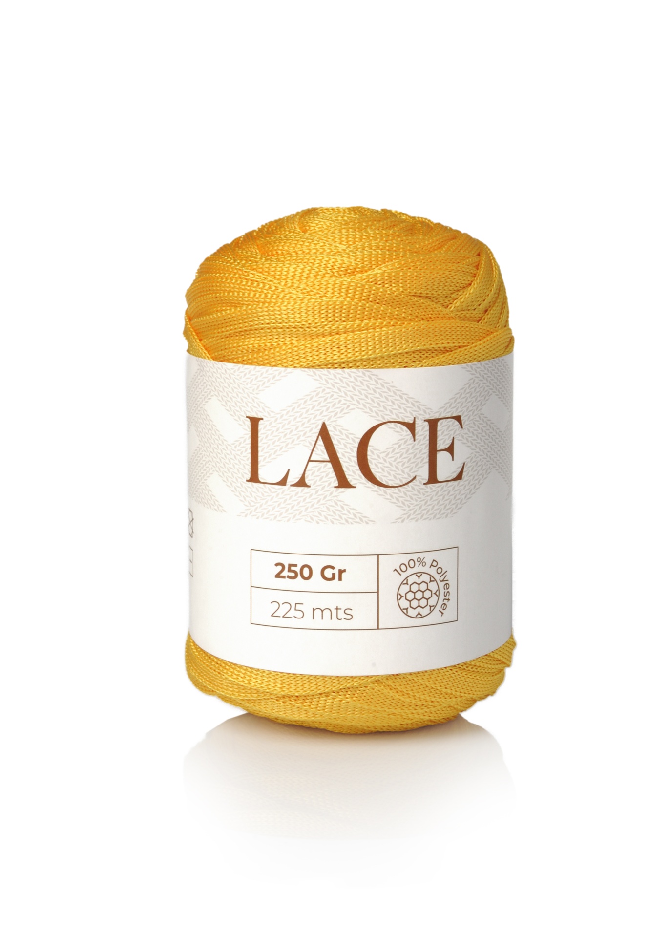 Novelo de fio amarelo com etiqueta LACE