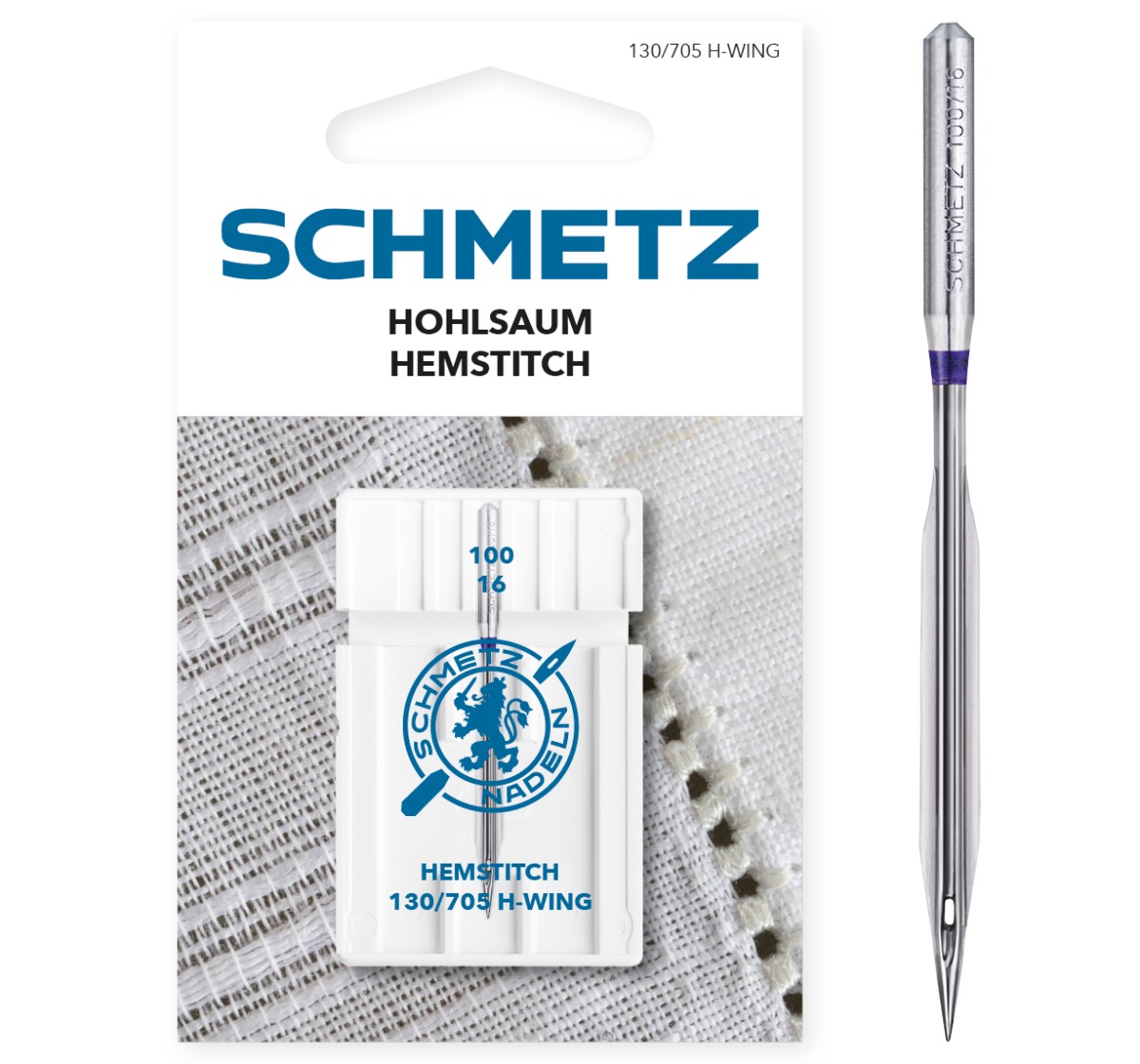 Embalagem branca com agulhas de costura SCHMETZ HEMSTITCH 130/705 H-WING e selo azul sobre tecido branco rendado