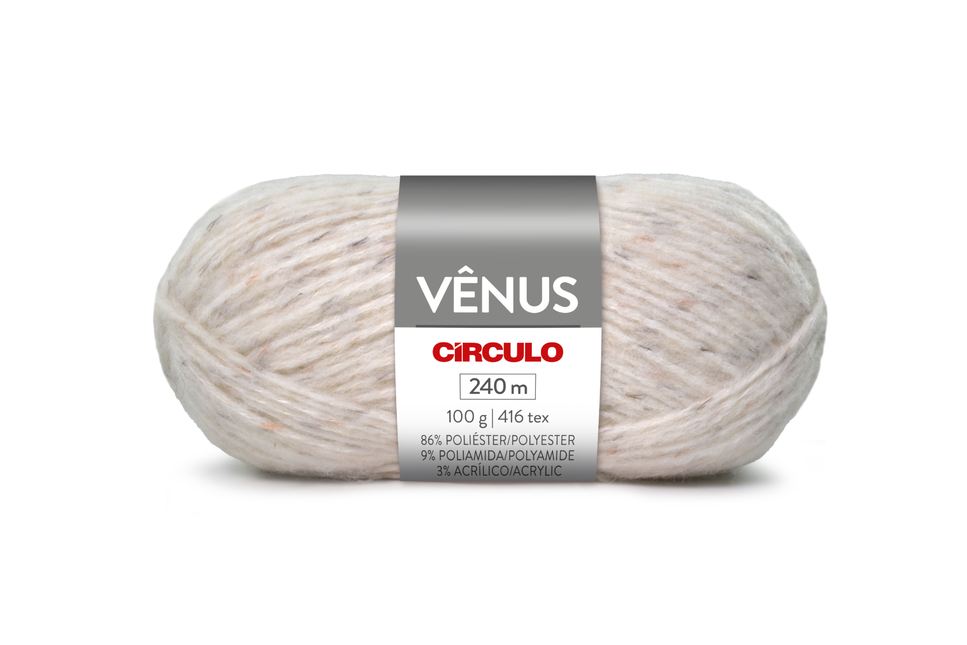 Novelo de lã beige com rótulo cinza e branco e texto VÊNUS CÍRCULO