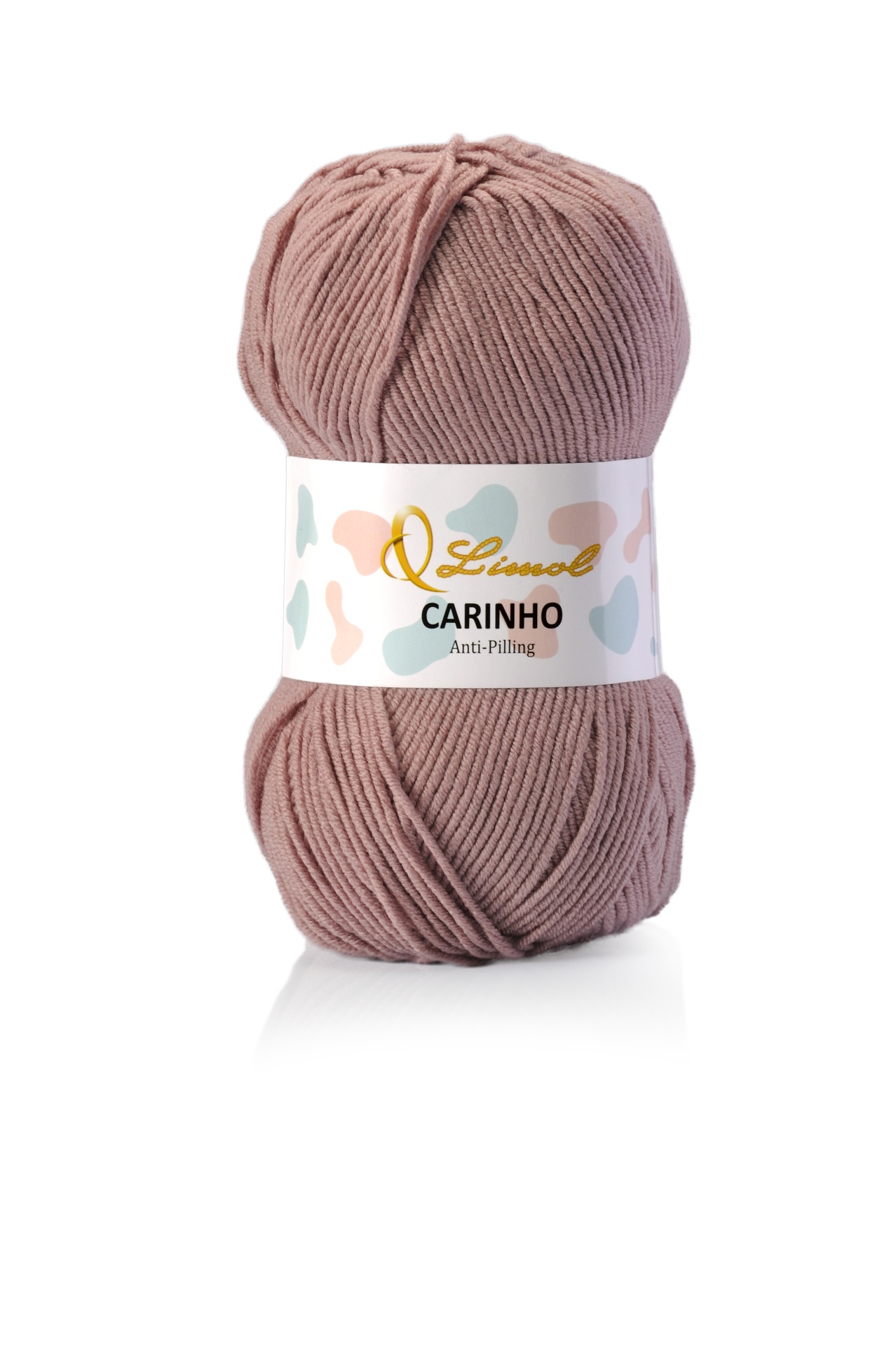 Novelo de fio de lã rosa claro com rótulo branco e texto Limol CARINHO Anti-Pilling