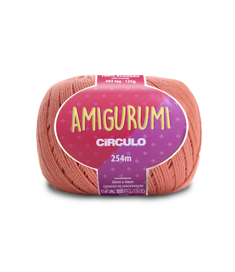 Novelo de fio de algodão cor terra com etiqueta roxa AMIGURUMI CÍRCULO 254m