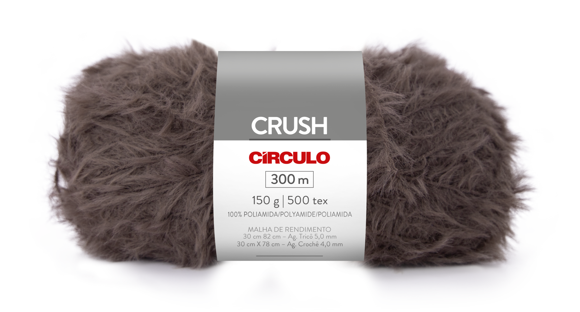 Novelo de fio felpudo cinzento castanho com rótulo cinzento e branco