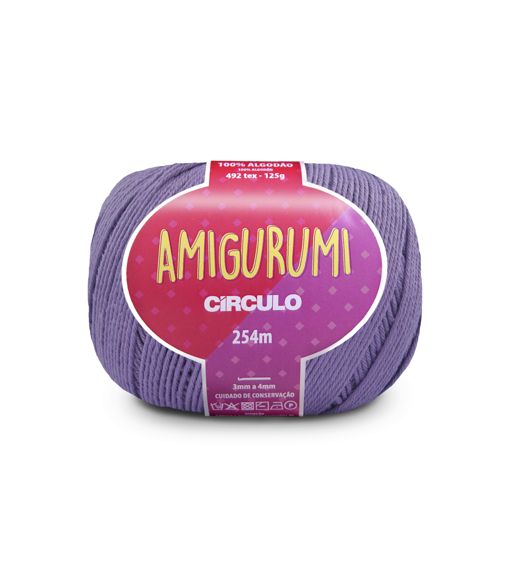 Novelo de fio lilás para tricot com etiqueta vermelha e roxa AMIGURUMI