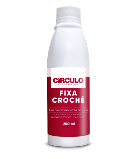 Frasco branco com rótulo vermelho e branco de produto fixa crochê da marca Círculo Acessórios