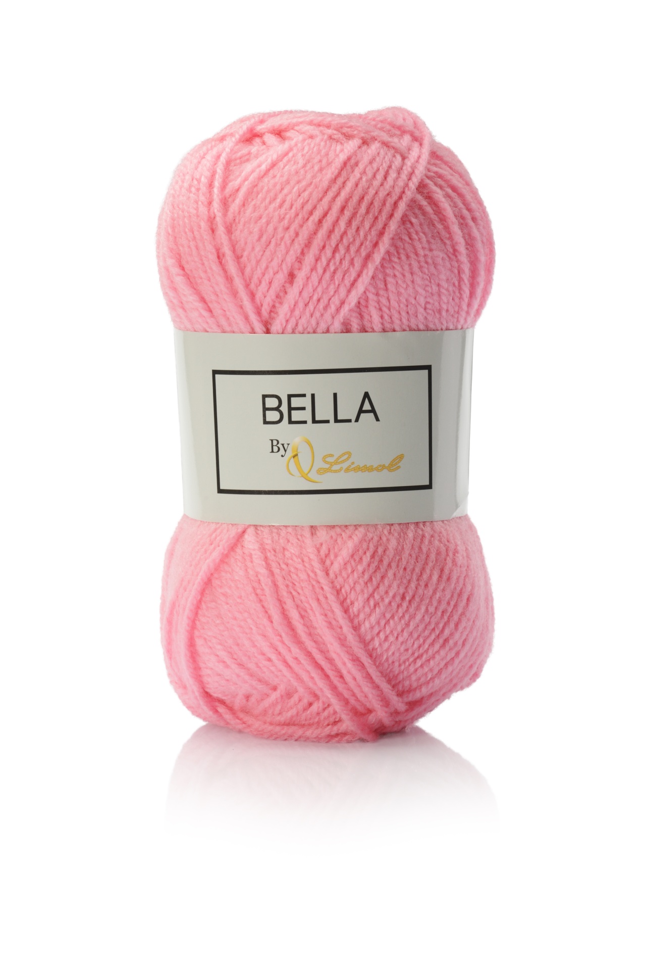 Novelo de lã cor-de-rosa com etiqueta branca