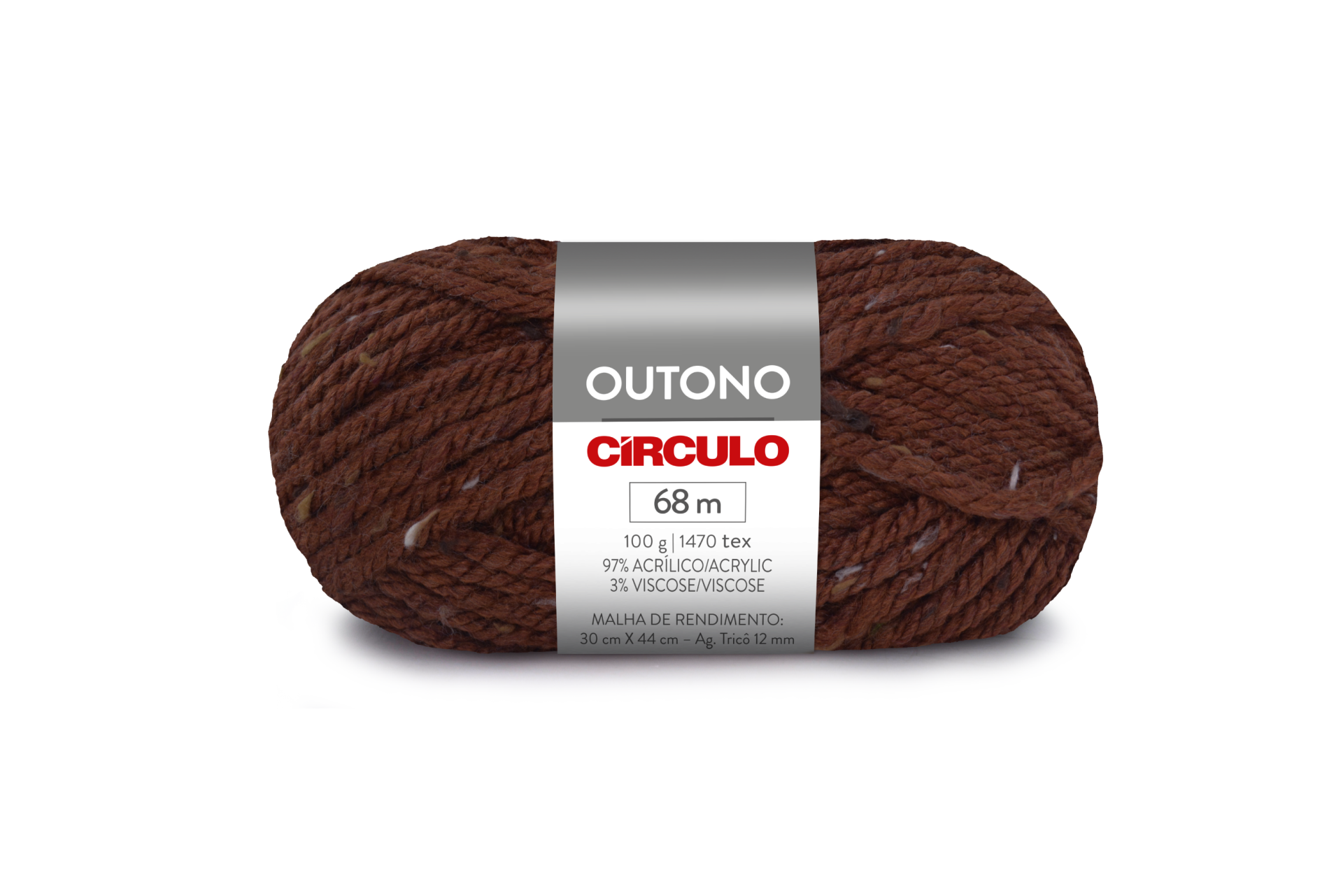 Novelo de lã castanho escuro com etiqueta branco-cinzenta