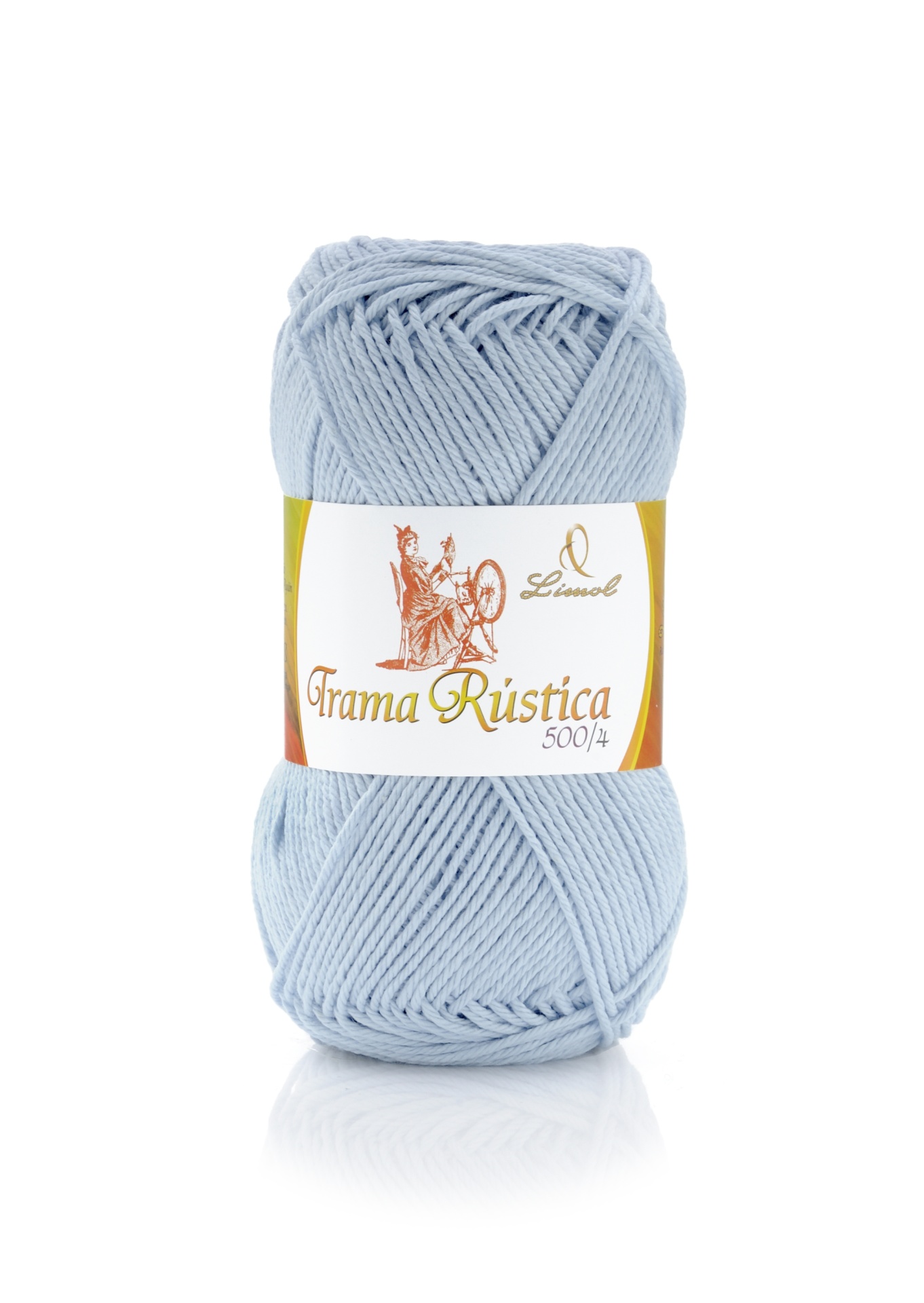 Novelo de lã azul-claro com etiqueta branca e dourada Trama Rústica 500/4