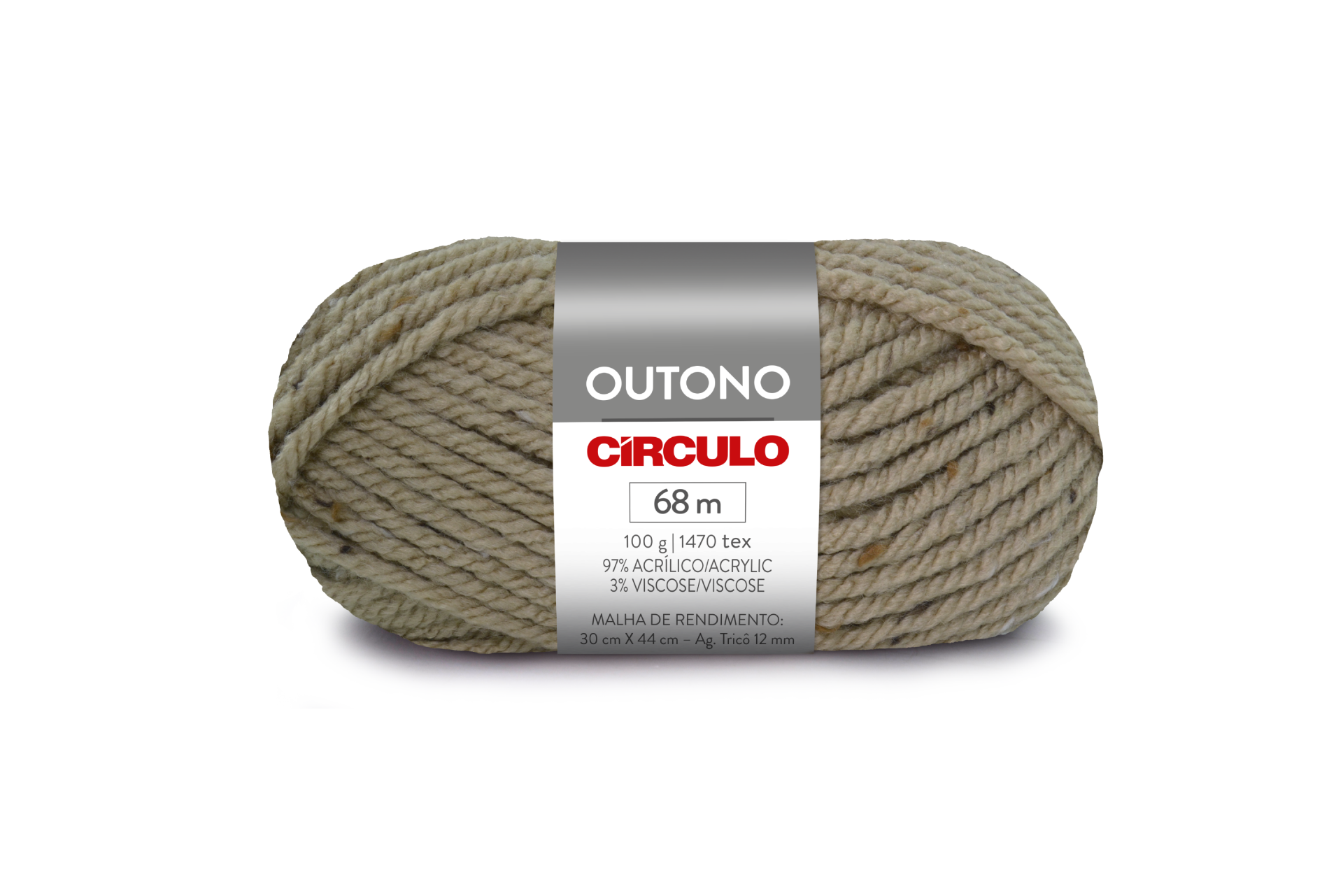 Novelo de lã bege da marca Círculo com etiqueta especificando composição e comprimento.