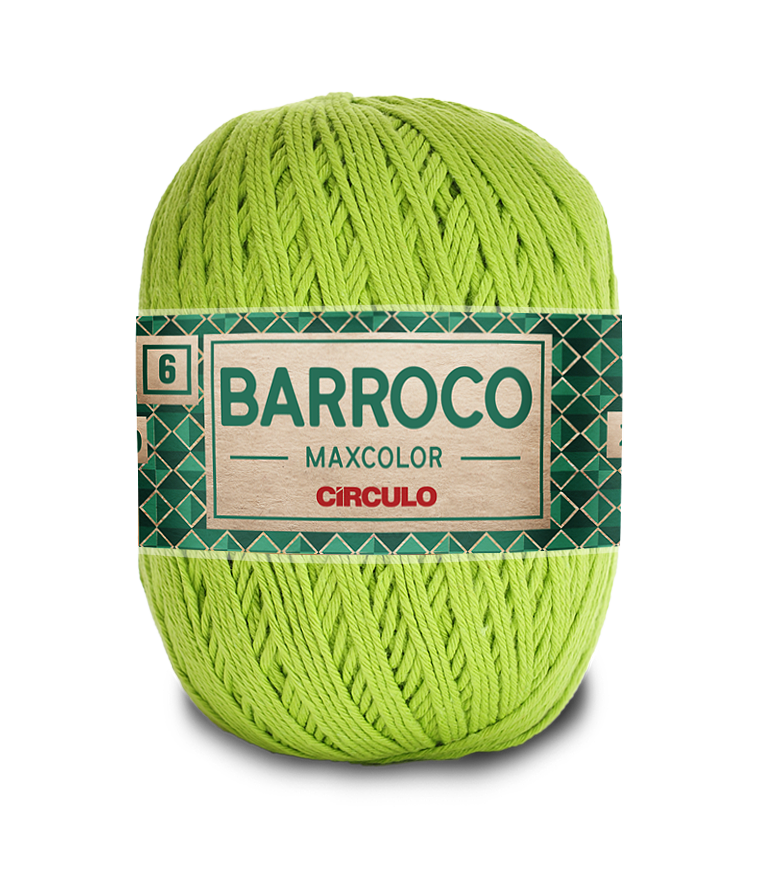 Novelo de fio verde-limão com etiqueta 'BARROCO MAXCOLOR CIRCULO' e número 6