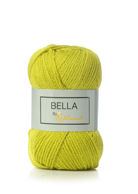 Novelo de lã amarelo com rótulo BELLA By Qlimol
