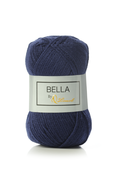 Novelo de lã azul escuro com etiqueta branca e texto 'BELLA By Limol'