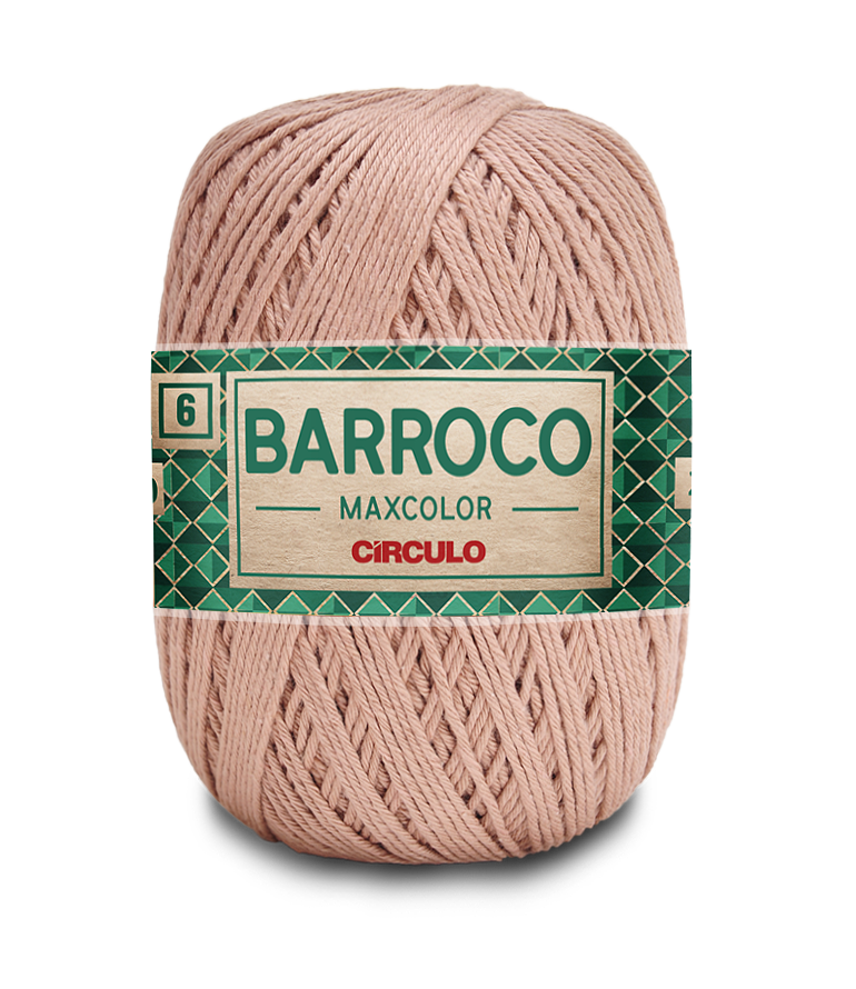 Novelo de fio algodão bege claro com etiqueta 'BARROCO MAXCOLOR CÍRCULO'
