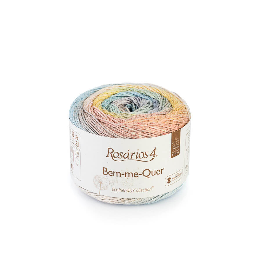 Novelo de fio multicolorido com etiqueta branca Rosários 4 Bem-me-Quer