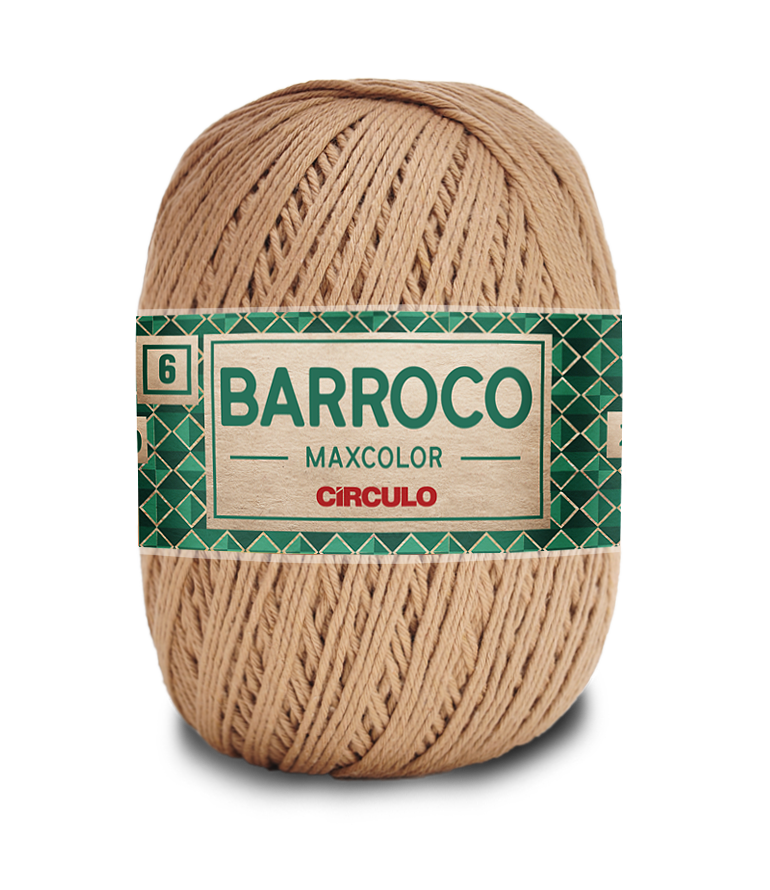 Novelo de fio bege com etiqueta verde e bege 'BARROCO MAXCOLOR CÍRCULO'