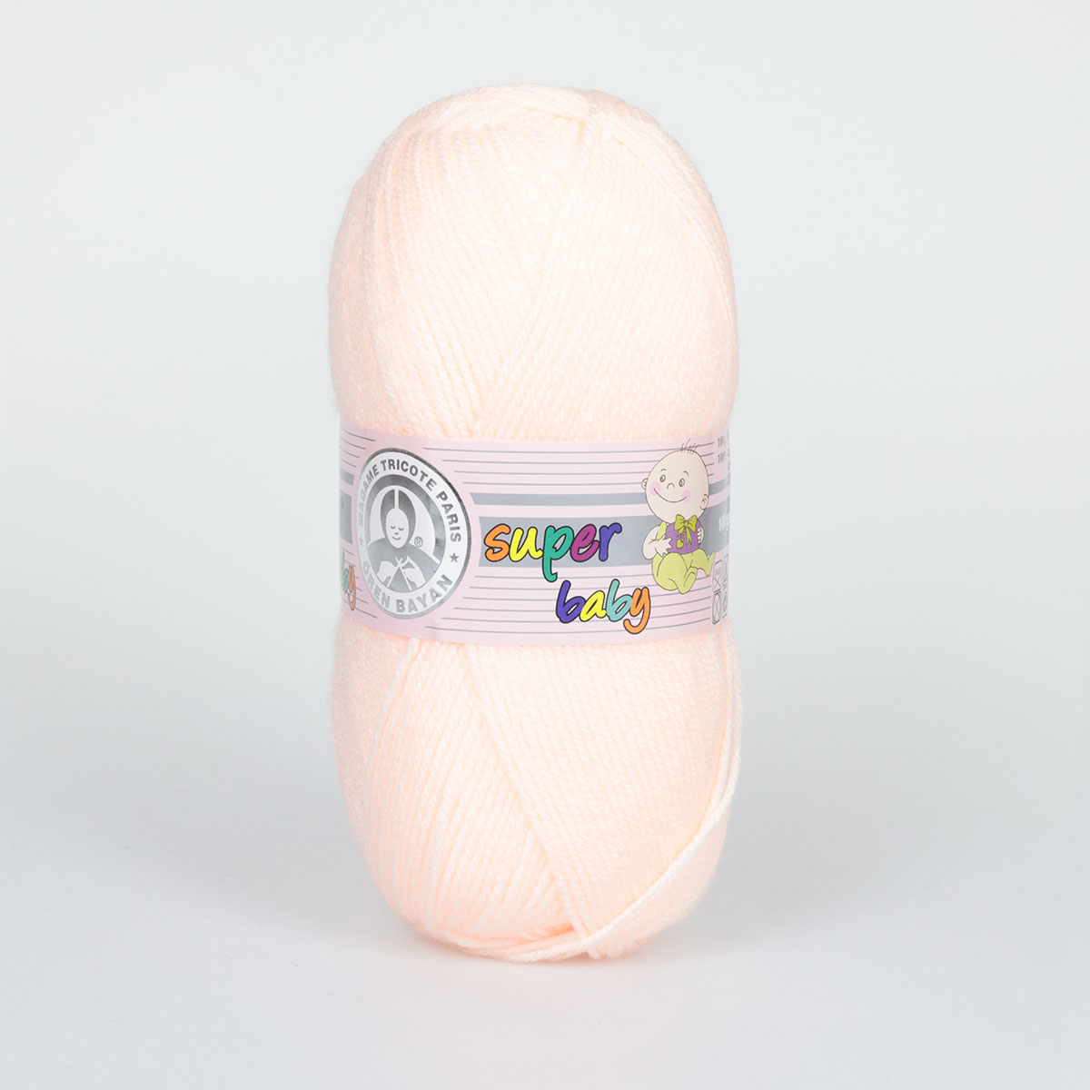 Novelo de lã cor de rosa clara para bebé com etiqueta colorida