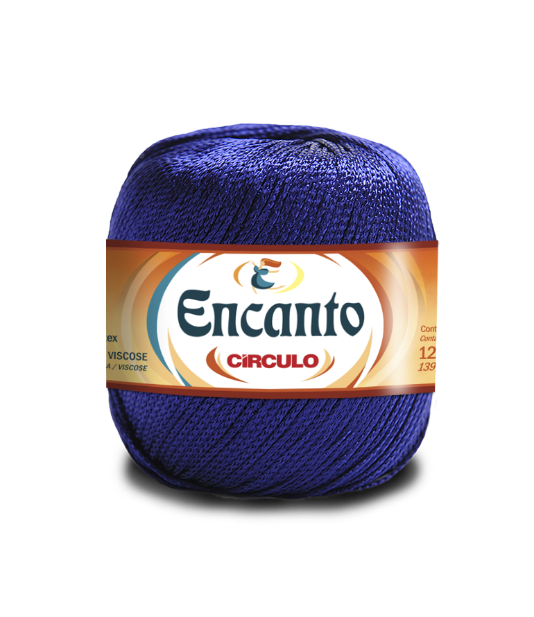 Skein of blue Encanto yarn by Círculo with label