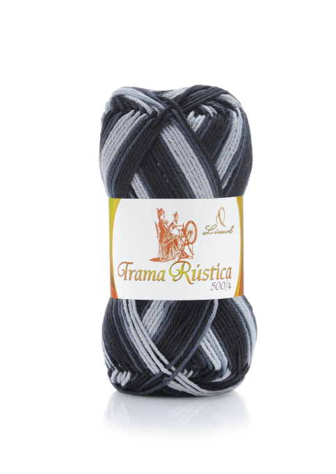 Novelo de fio Trama Rústica em tons de cinza e preto com etiqueta branca