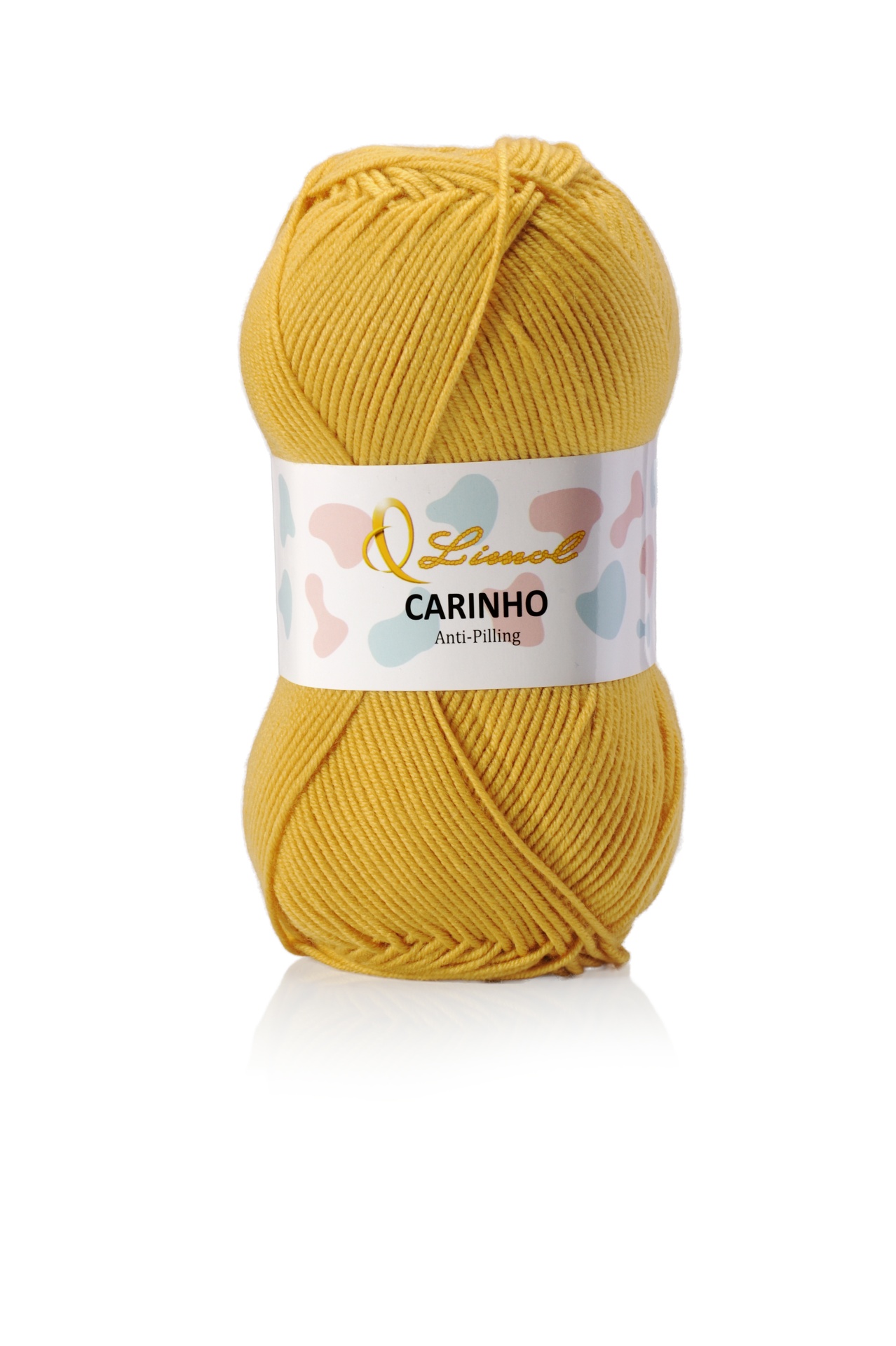 Novelo de lã amarelo com etiqueta 'Limol CARINHO Anti-Pilling'.