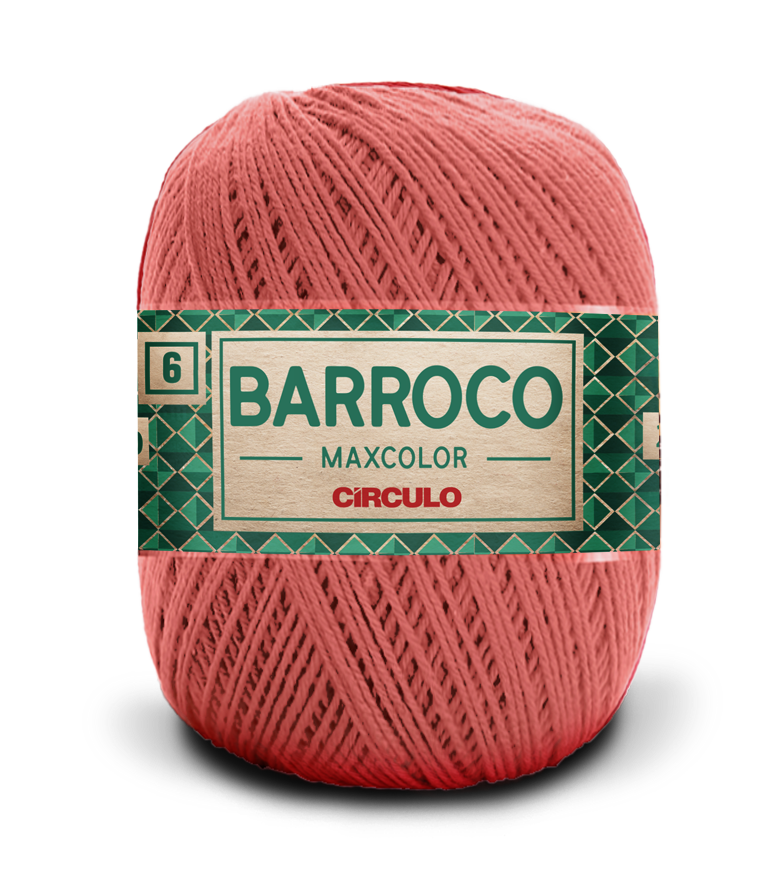 Novelo de fio cor-de-rosa com etiqueta verde e bege da marca BARROCO MAXCOLOR CÍRCULO