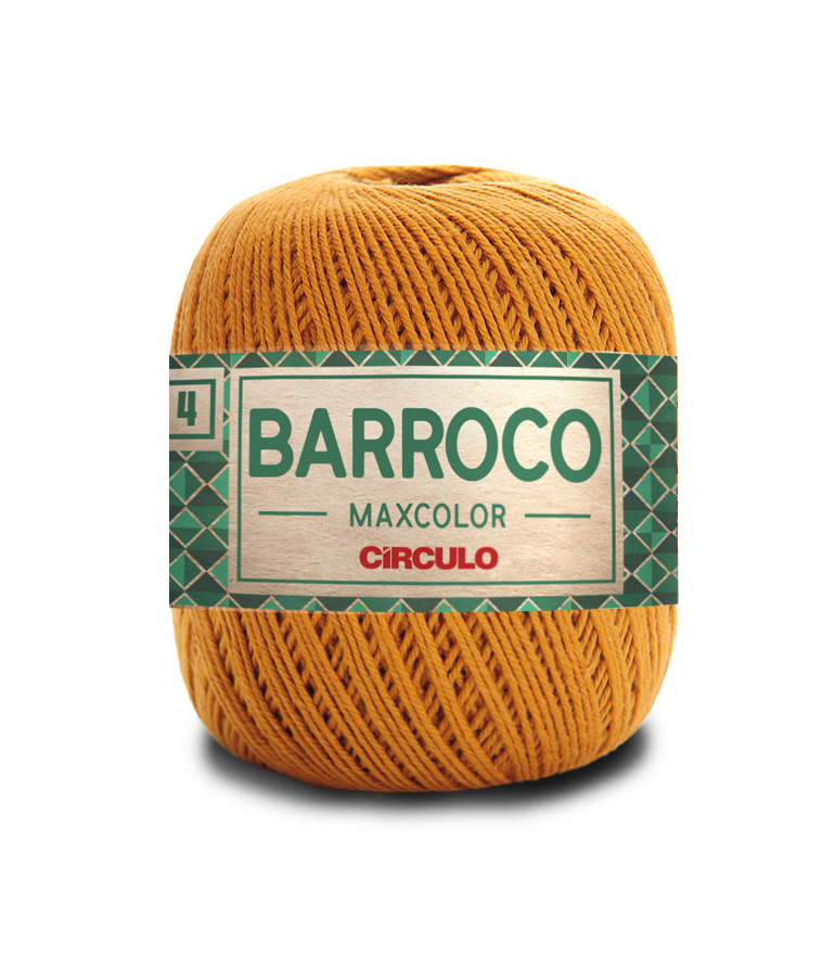 Novelo de fio laranja com etiqueta verde e branca 'BARROCO MAXCOLOR CÍRCULO'