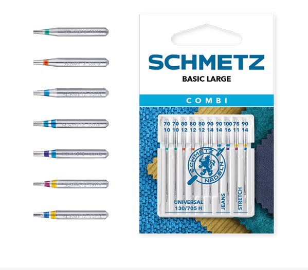 Conjunto de agulhas para máquina de costura SCHMETZ BASIC LARGE COMBI em embalagem