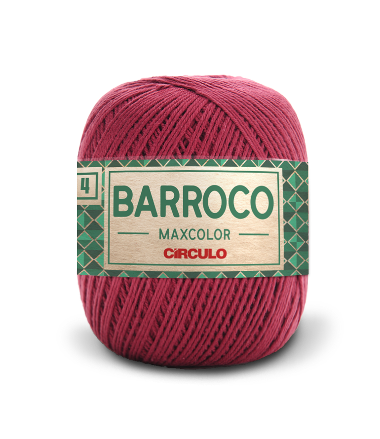 Novelo de fio de algodão vinho com etiqueta verde da marca BARROCO MAXCOLOR CÍRCULO