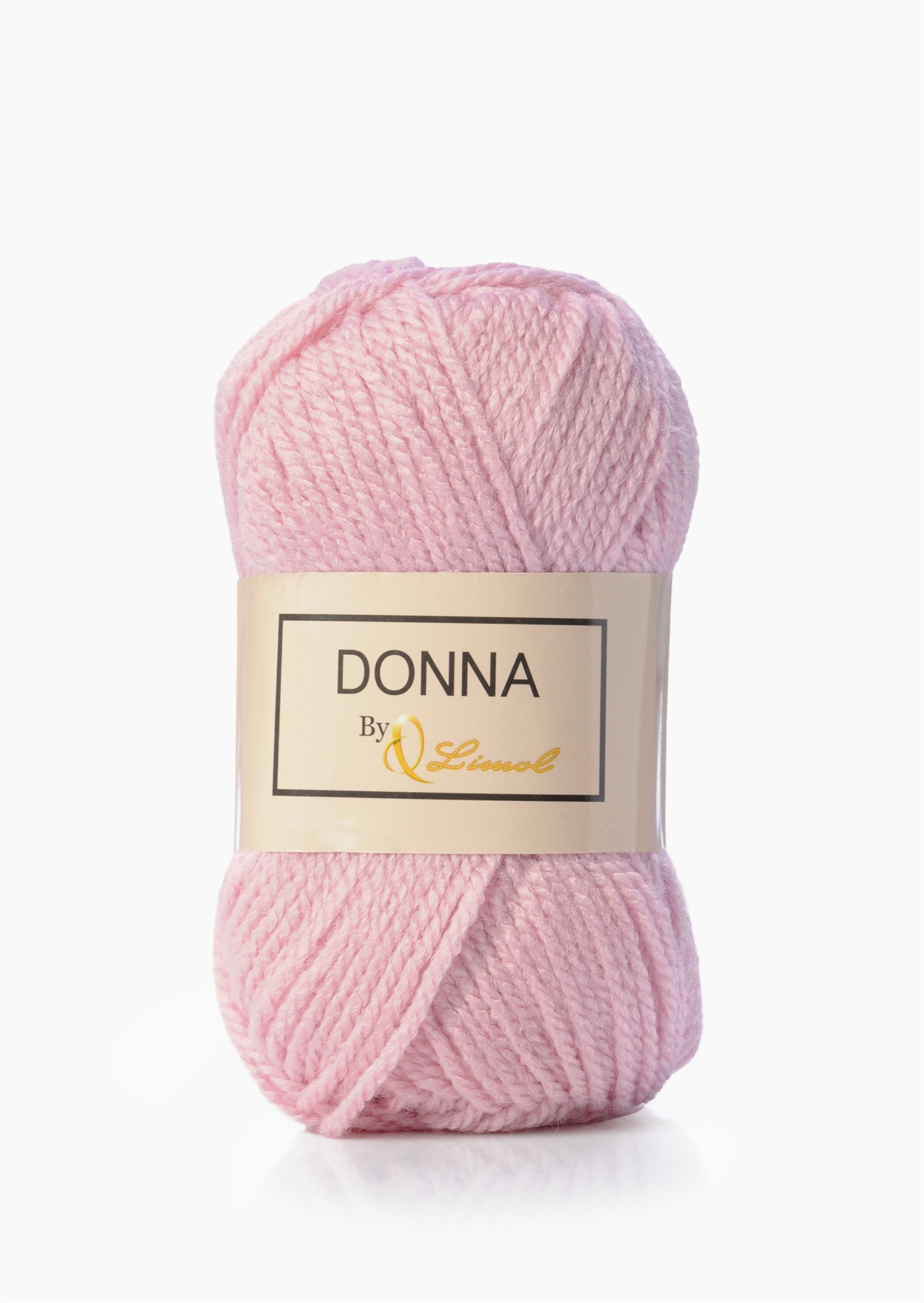Novelo de lã rosa claro com etiqueta 'DONNA By Limol'