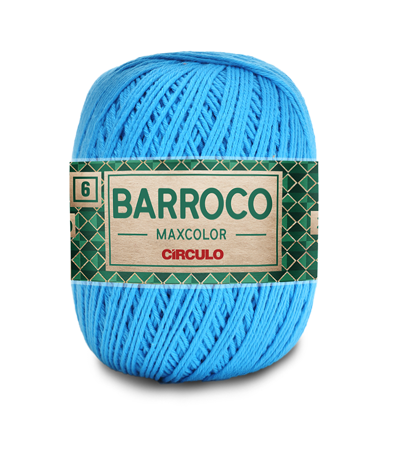 Novelo de fio azul claro com etiqueta verde e inscrição BARROCO MAXCOLOR CÍRCULO