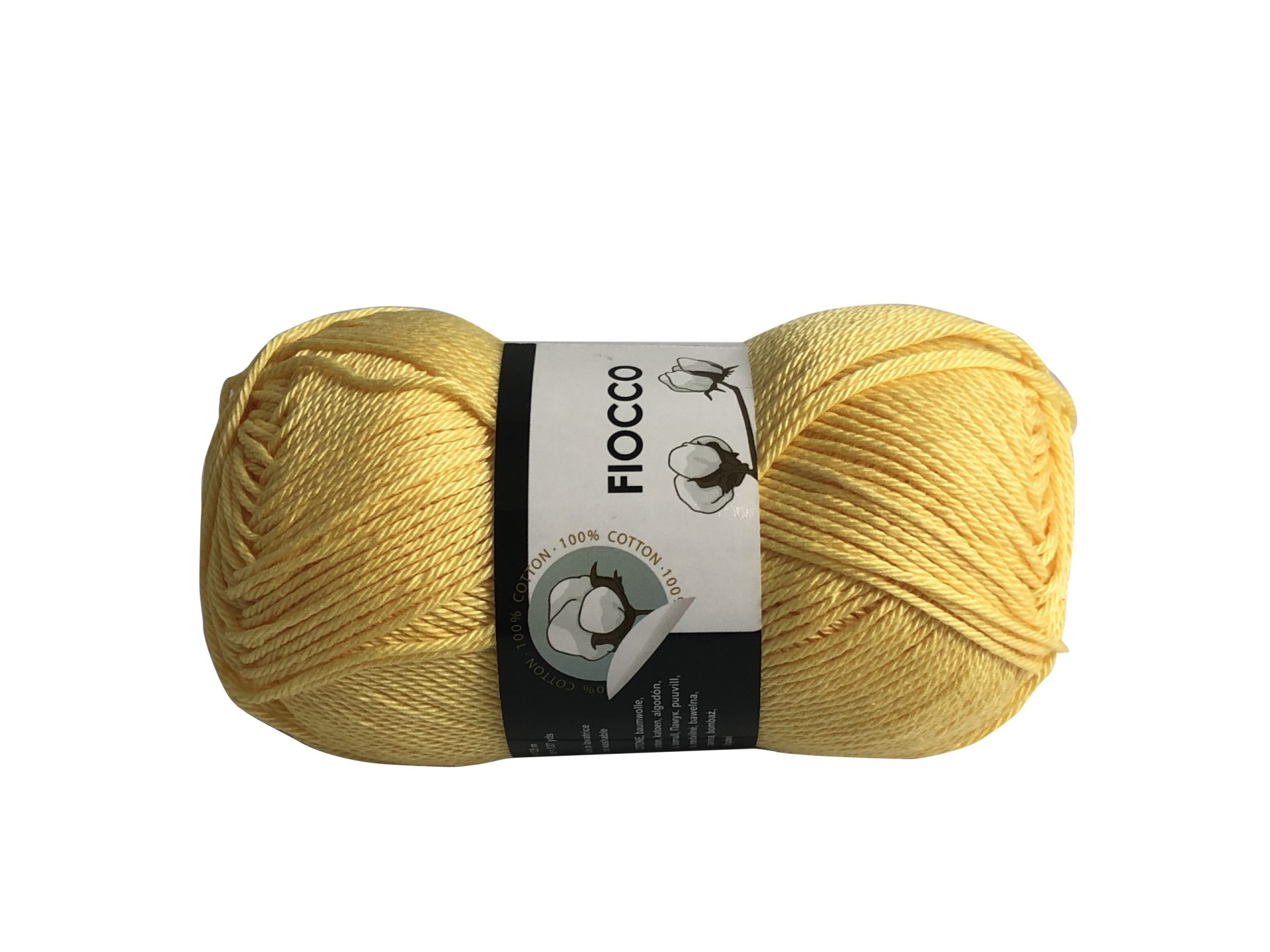 Novelo de fio amarelo claro com rótulo Fiocco