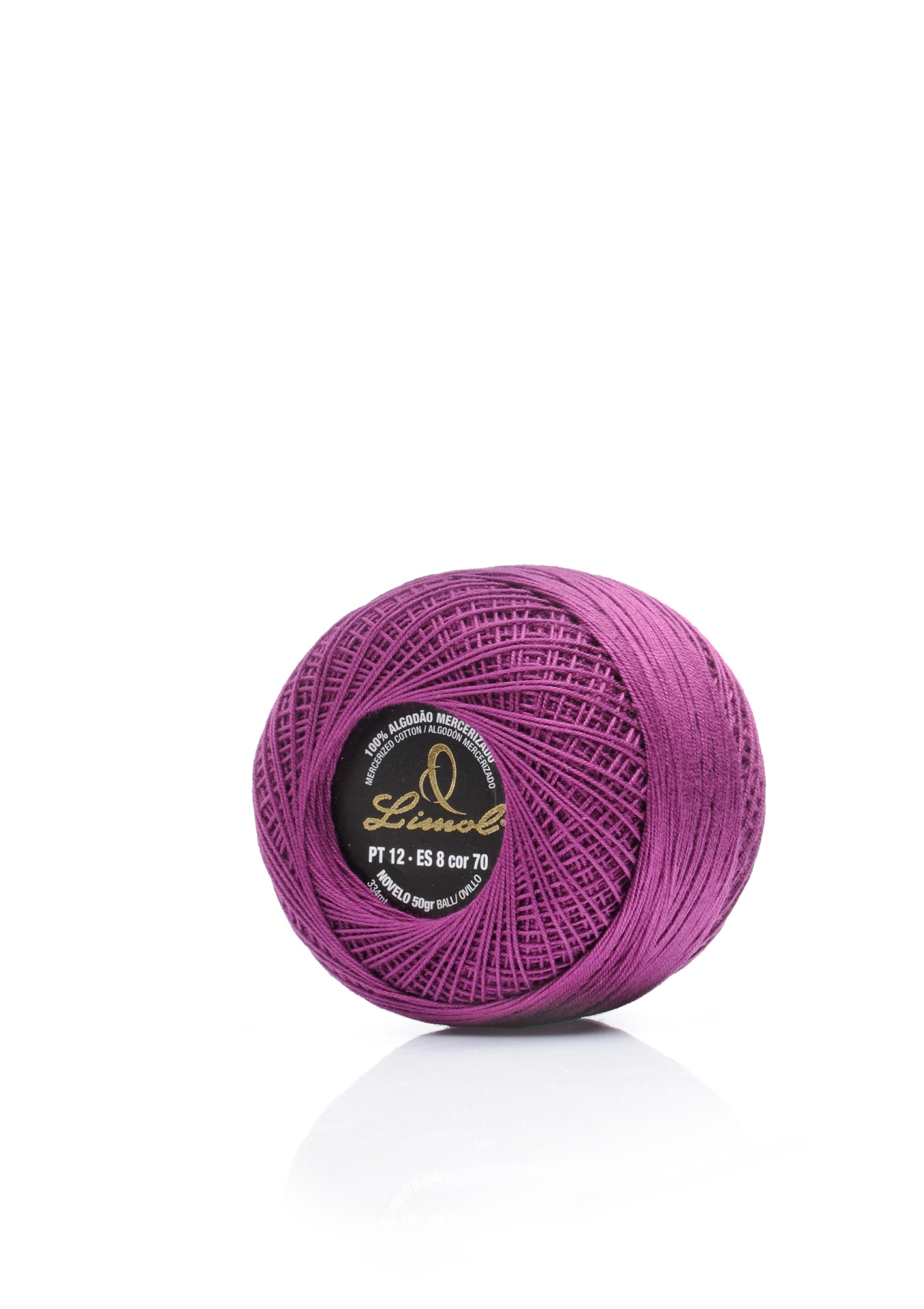 Rolo de linha de algodão roxo com etiqueta preta da marca Linacol