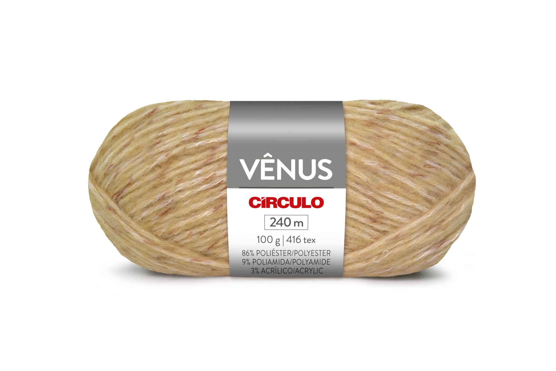 Novelo de fio de cor bege mesclado com rótulo cinza da marca Círculo