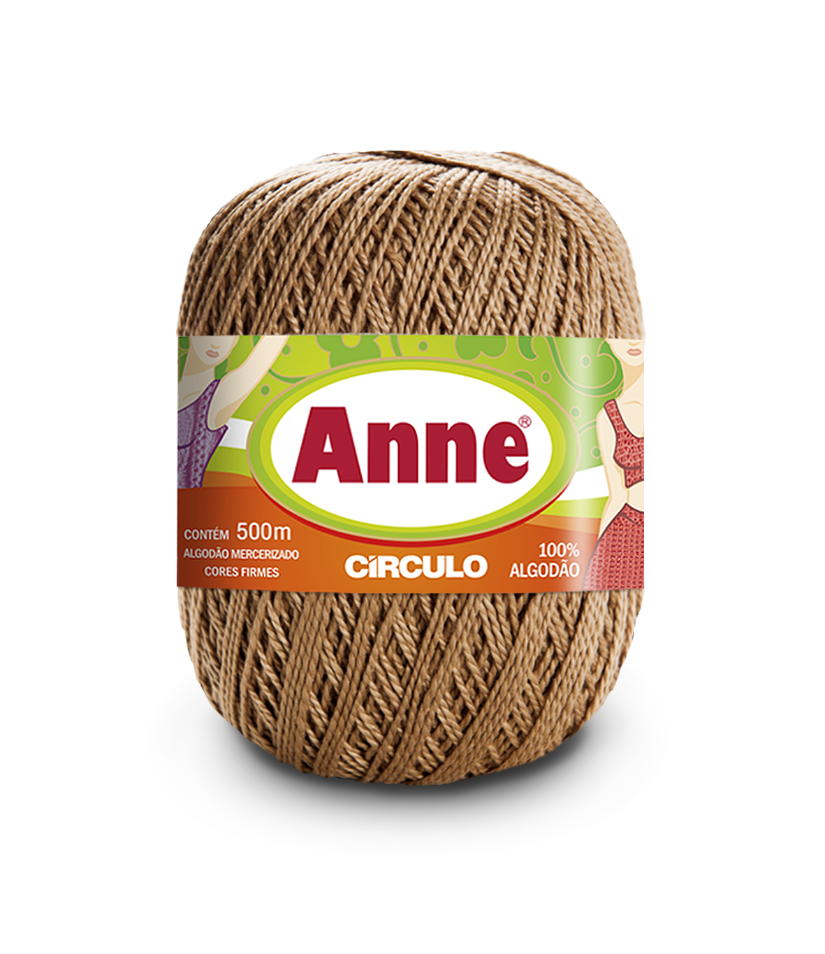 Novelo de fio castanho com rótulo ANNE em algodão.