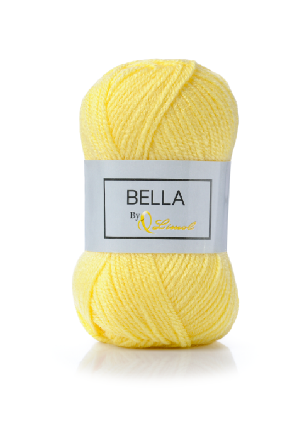 Ovillo de lã amarelo com etiqueta BELLA By Schmeel