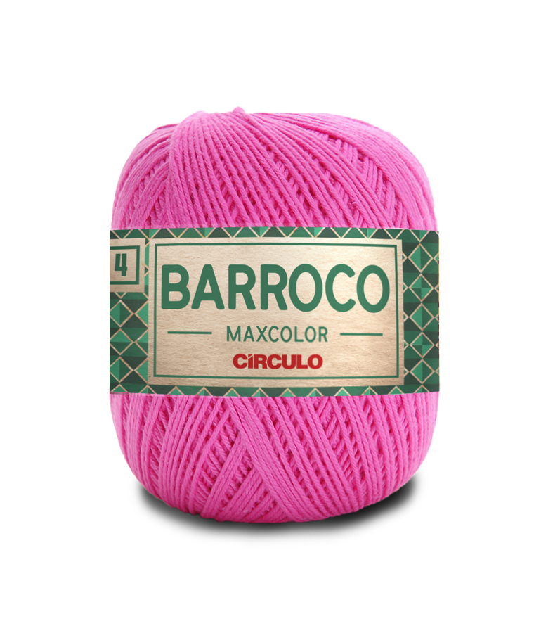 Novelo de linha cor-de-rosa Barroco Maxcolor Círculo com etiqueta verde e bege.