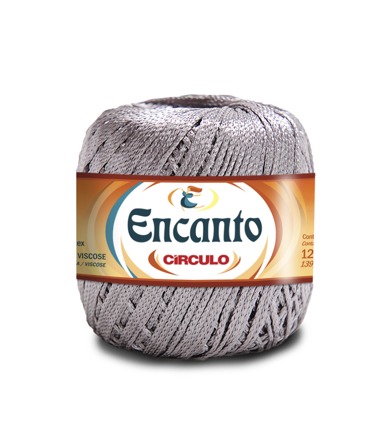 Novelo de fio prateado de viscose com rótulo Encanto Círculo