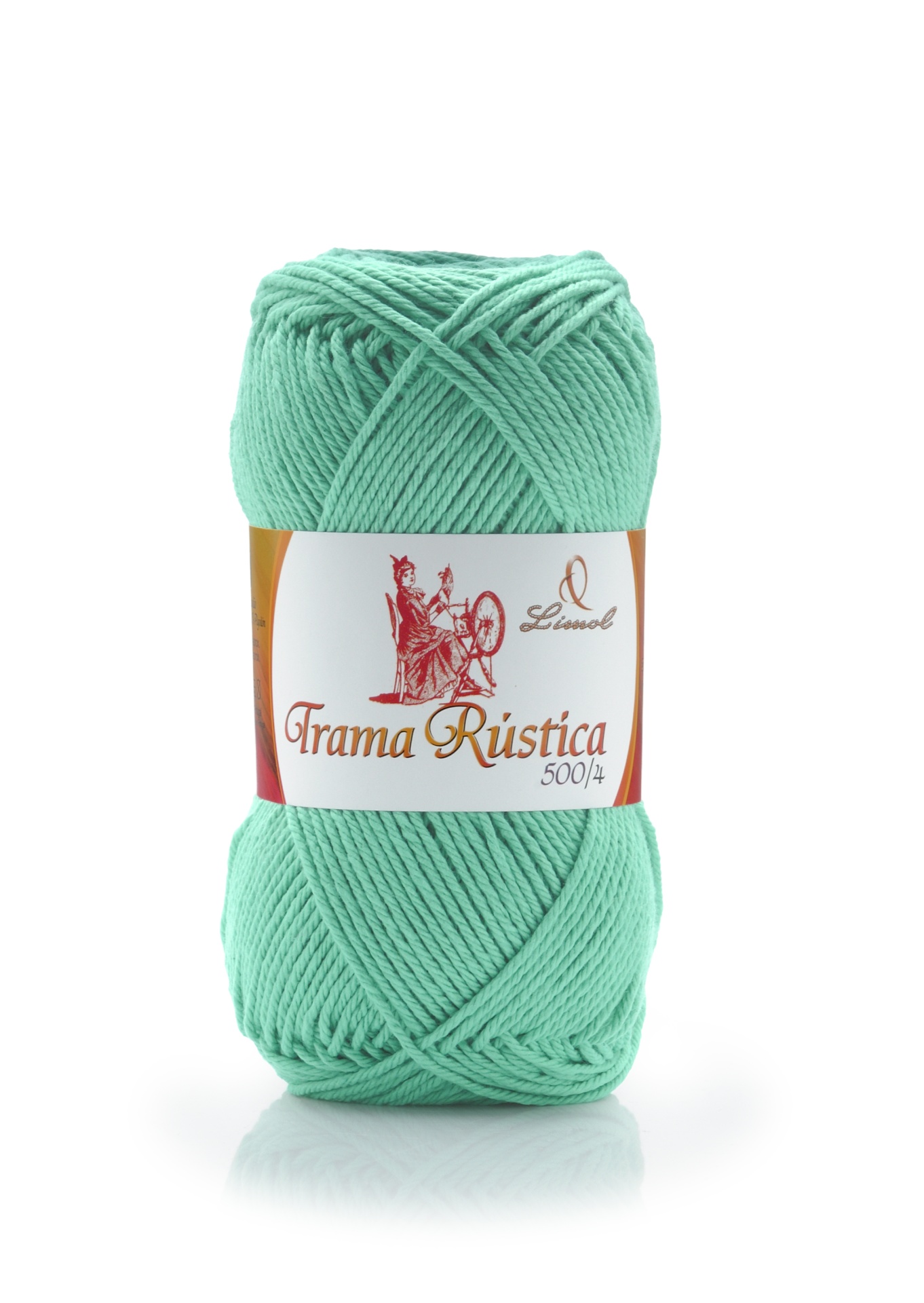 Novelo de lã verde água com etiqueta 'Trama Rústica 500/4' da Lincol