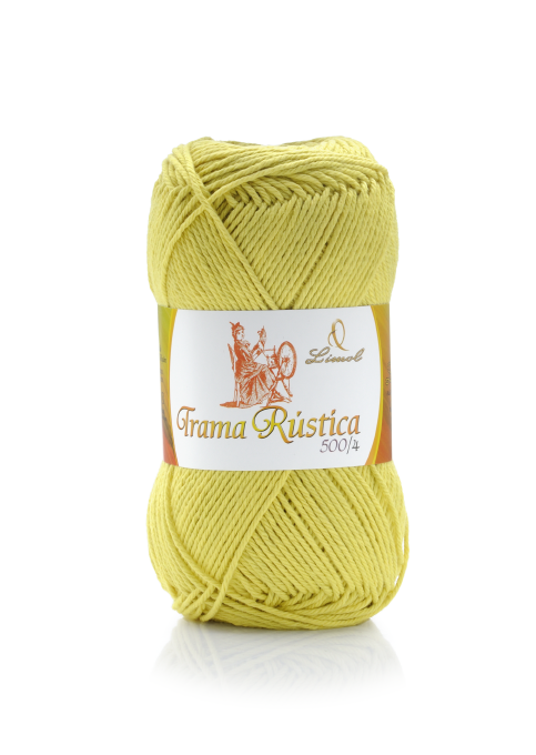 Novelo de fio amarelo claro com etiqueta 'Grama Rústica 500/4'