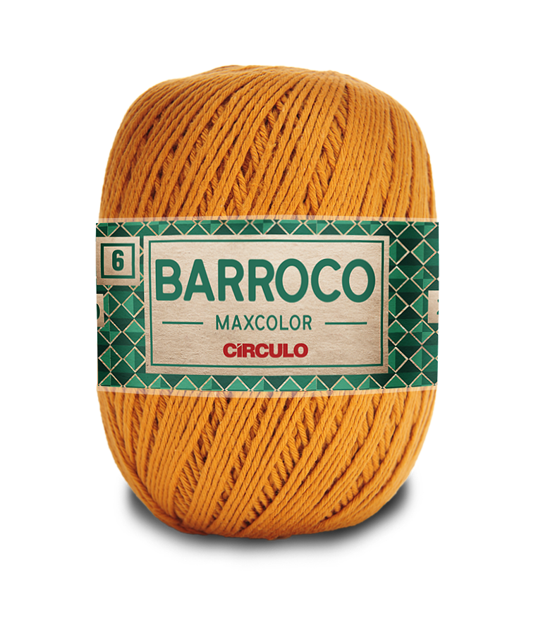 Novelo de linha laranja com rótulo verde e branco