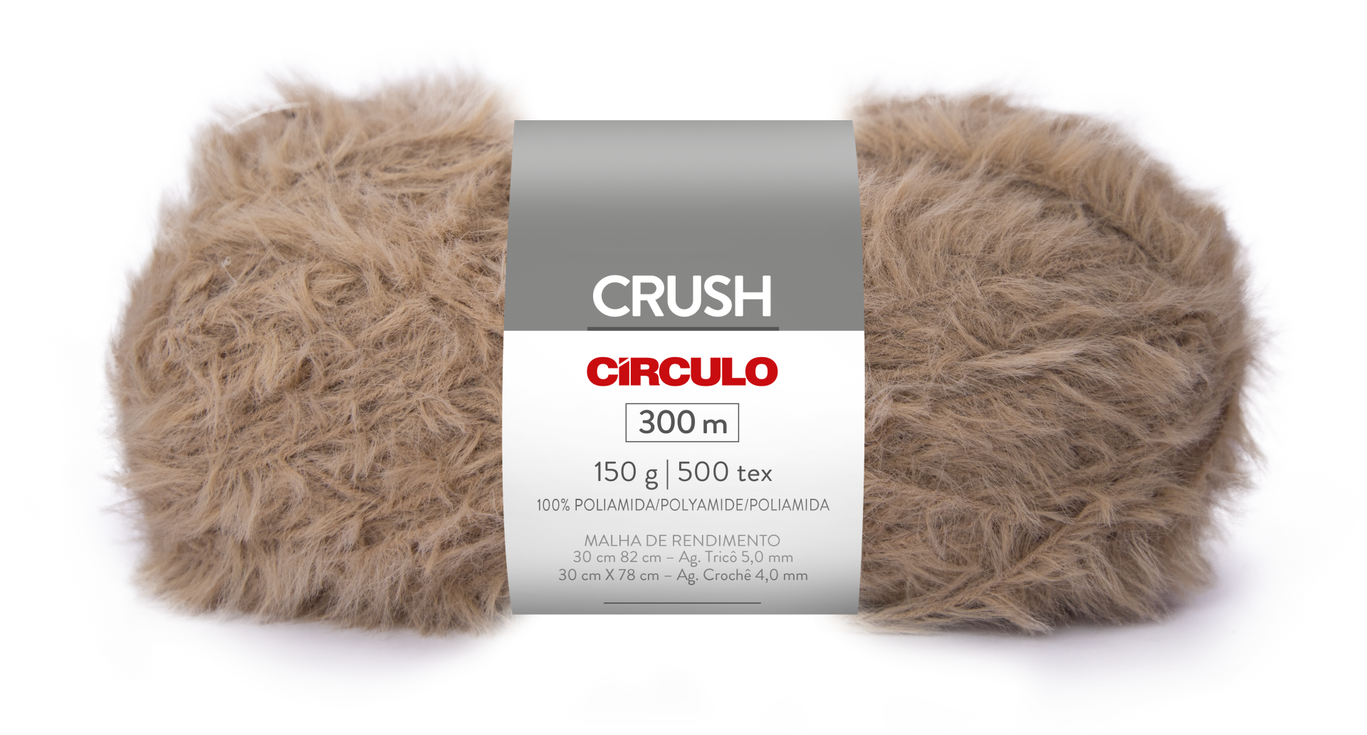 Novelo de fio castanho claro felpudo com rótulo CIRCULO CRUSH