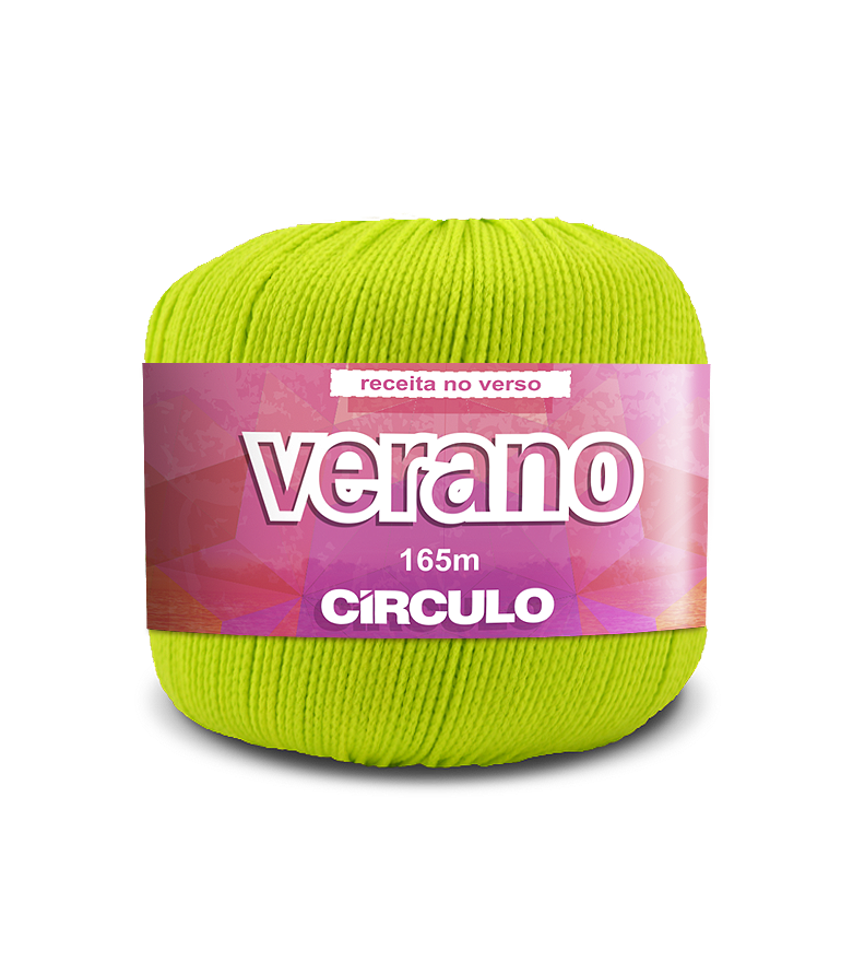 Novelo de fio verde com etiqueta rosa e roxa e texto Verano 165m CÍRCULO