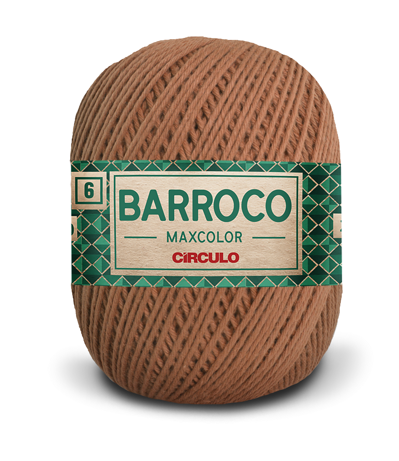 Novelo de fio castanho com rótulo verde e branco